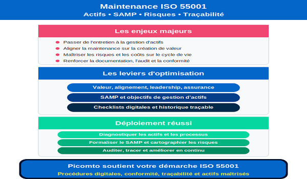 Maintenance ISO 55001:2024 : enjeux, piliers, SAMP, risques, données, traçabilité et étapes de déploiement. Maintenance ISO 55001:2024 : enjeux, piliers, SAMP, risques, données, traçabilité et étapes de déploiement.
